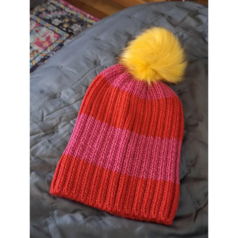 Hat Attack (Anthropologie) Beanie Women's OSFM Pom Stripes Fun Artsy Colorful